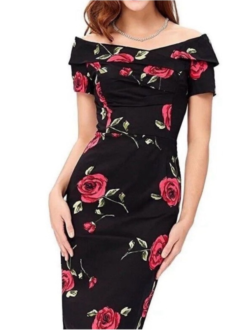 One-Shoulder Black Dress with Red Rose Print by